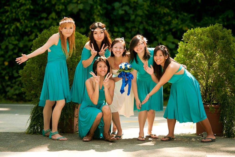 Bridal Photography Singapore bride with bridesmaids smiling group photo outdoor with nature landscape
