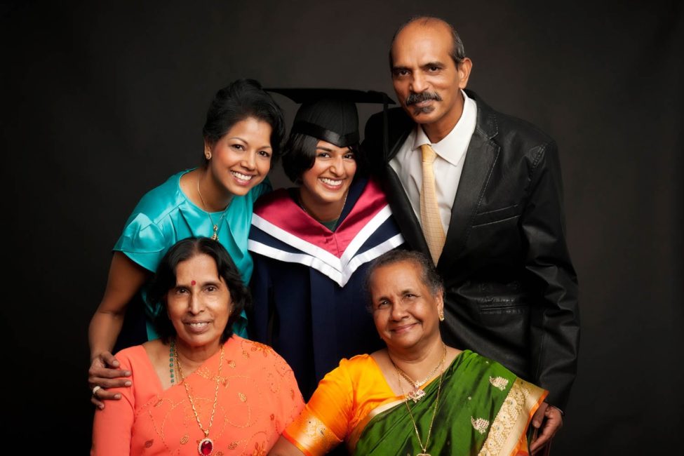Convocation Photoshoot Package Singapore graduate 3 generation family portraits with graduate gown and traditional saris