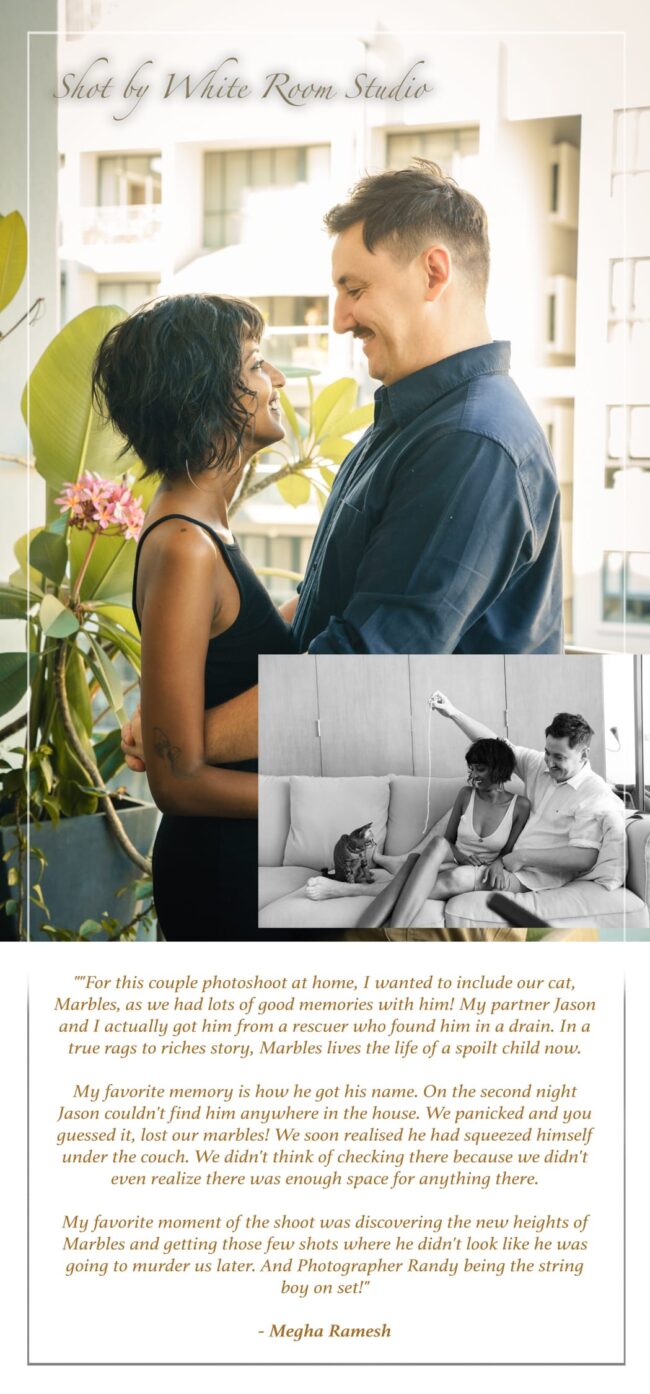 Couple Photography Singapore man and woman hugging indoors photoshoot with natural light playing with cat in a home setting during a couple and home photoshoot in Singapore, White Room Studio. Credit: White Room Studio Pte Ltd