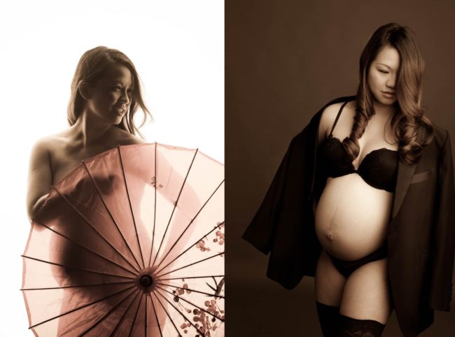 Maternity Photography Singapore boudoir semi-nude pregnancy pictures of expectant mother with umbrella and shawl