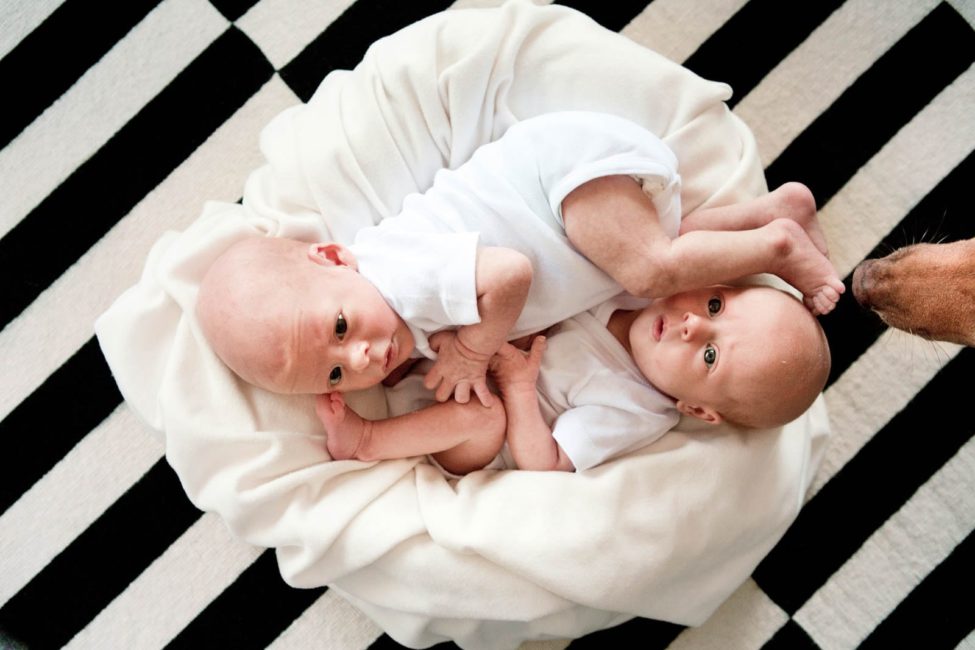 Newborn Shoot Singapore 2 babies twins lying down together in white cloths with pet dog snout sniffing a foot