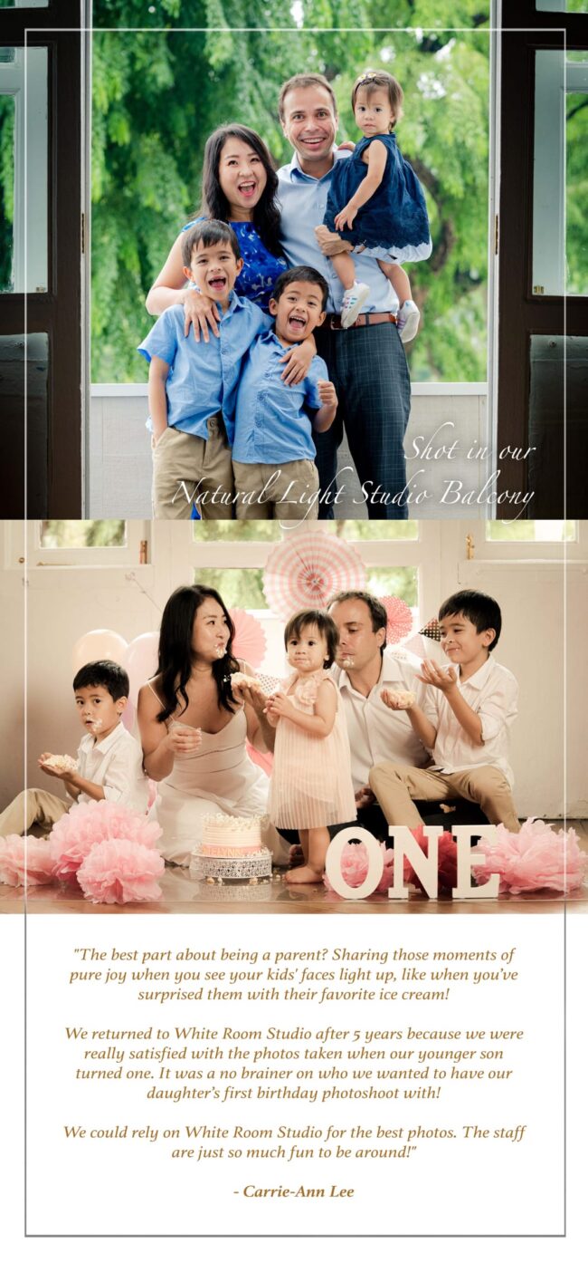 Baby Cake Smash Photography Singapore mother and father with two sons and daughter in a photography studio natural light setting during a cake smash photoshoot in Singapore, White Room Studio. Credit: White Room Studio Pte Ltd