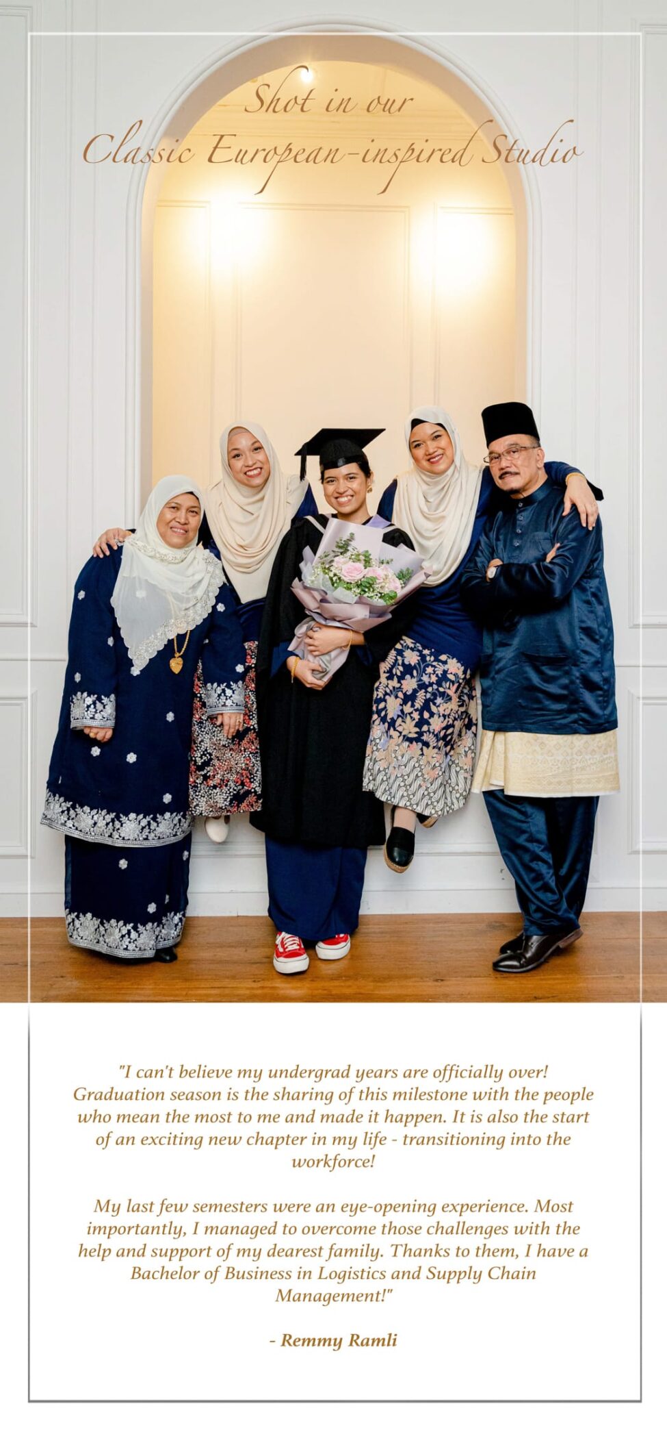 Graduation Photoshoot Singapore smiling family graduate portrait with parents boutique photo studio setting