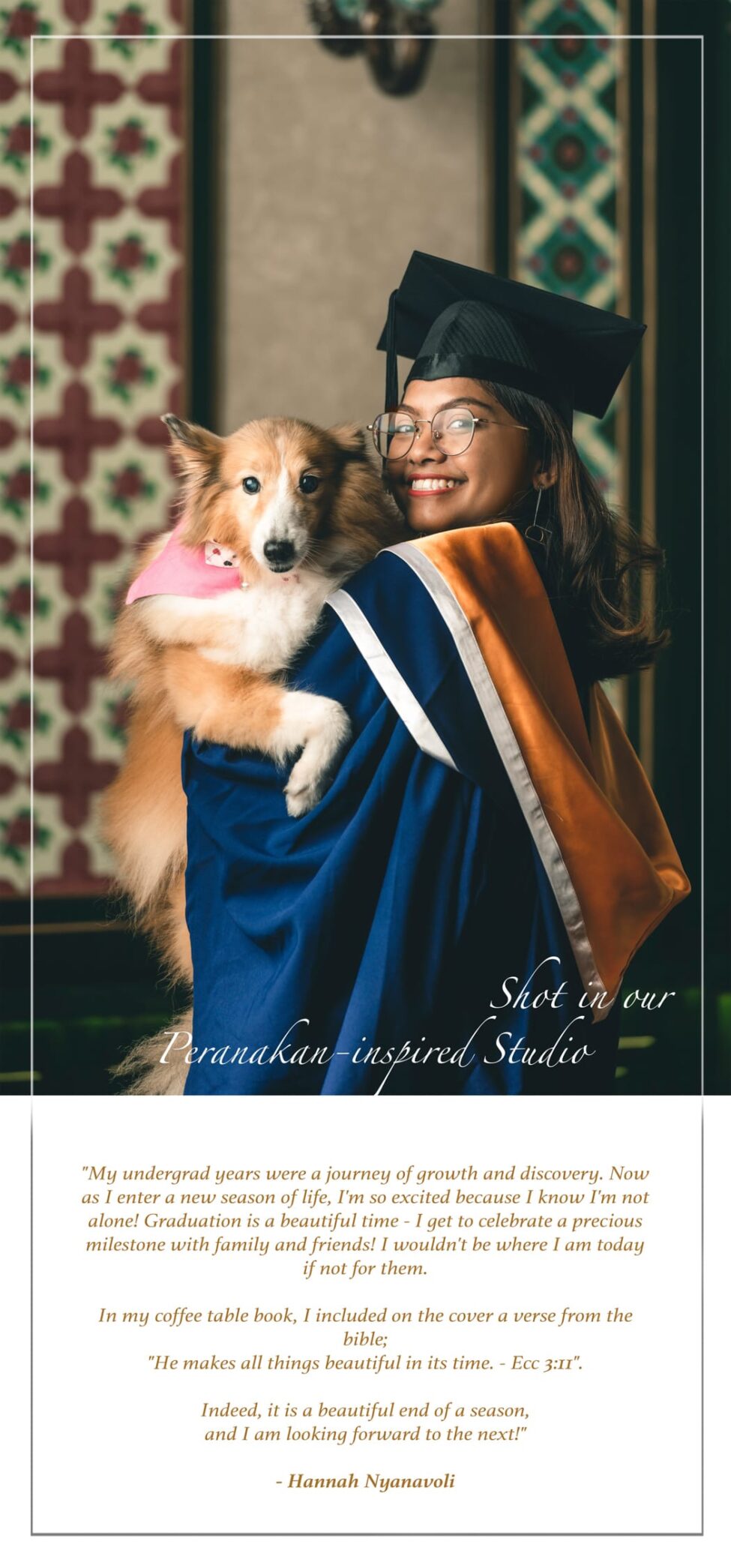 Graduation Portraits Singapore female graduate hugging her pet dog during indoor photoshoot