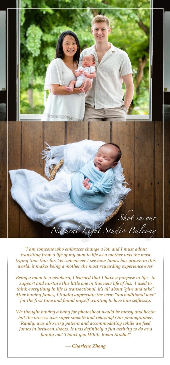 Mother and father hugging newborn baby boy at balcony during a professional newborn photoshoot in Singapore, White Room Studio Credit: White Room Studio