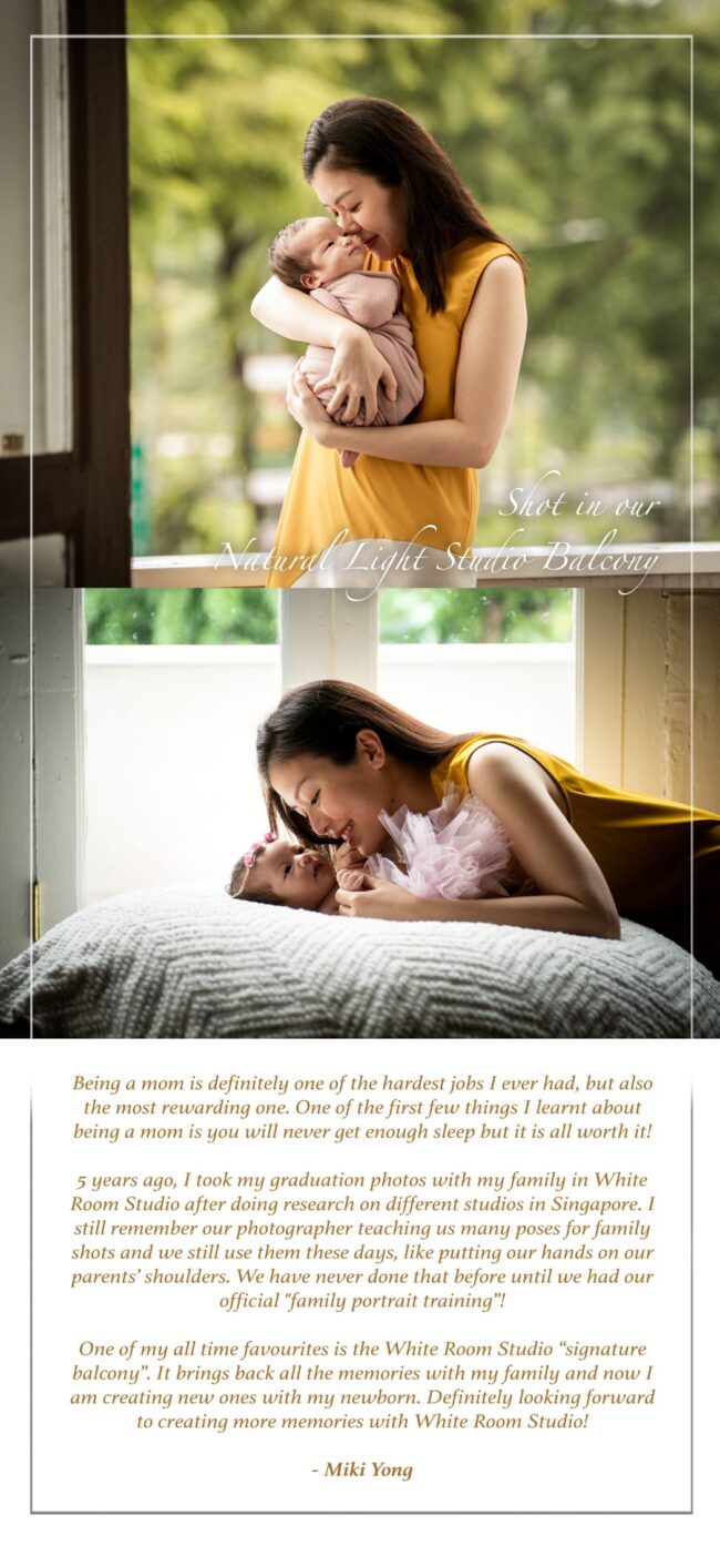 Mother cradling and hugging newborn baby girl at balcony during a professional newborn photoshoot in Singapore, White Room Studio Credit: White Room Studio