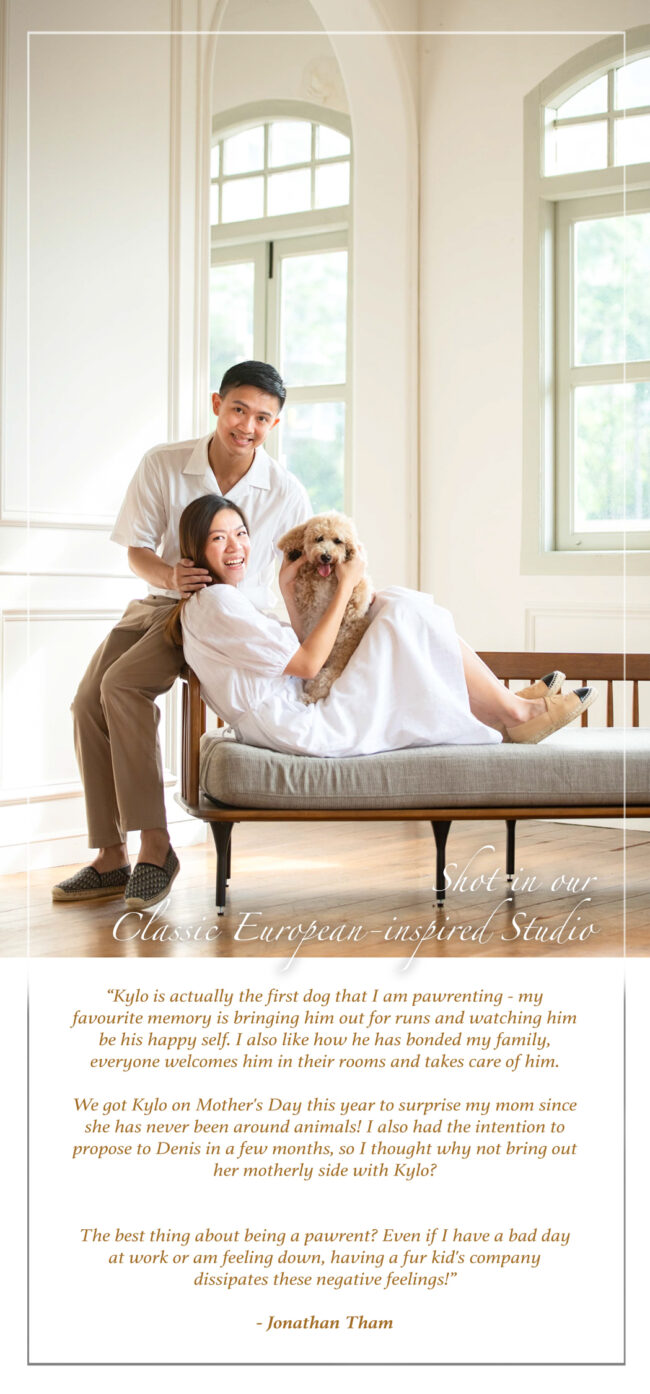 Pet Portrait Photography Singapore male and female couple with dog in a photo studio setting during a pet photoshoot in Singapore, White Room Studio. Credit: White Room Studio Pte Ltd