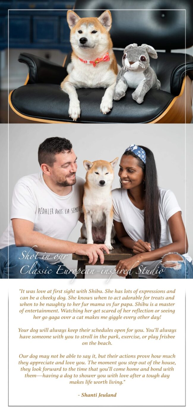 Pet Portrait Photography Singapore male and female couple with dog in the middle in a photo studio setting during a pet photoshoot in Singapore, White Room Studio. Credit: White Room Studio Pte Ltd