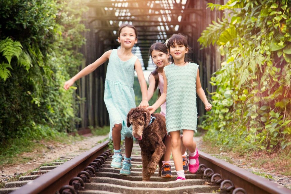 Children Singapore Photoshoot Outdoor 3 girls walking along train tracks and nature with pet dog