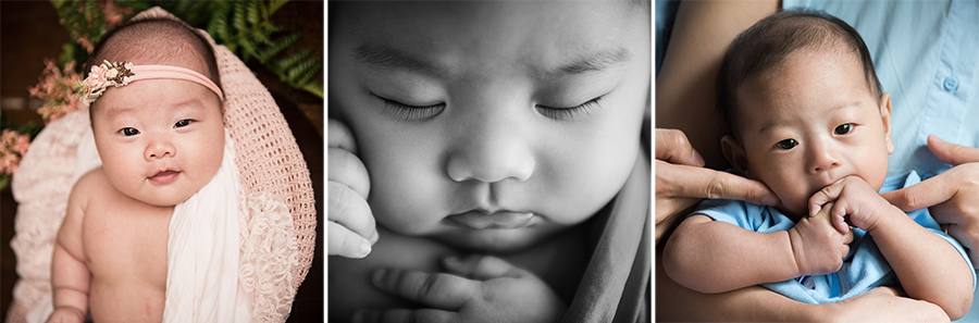 three different 100 days old babies, smiles and sleeping