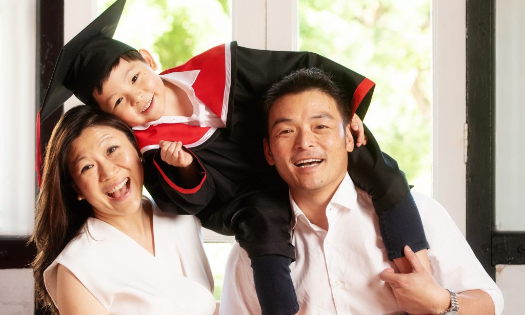 k2-kindergarten-family-photoshoot-singapore-01 family kindergarten K2 graduation photoshoot in gown at white room studio