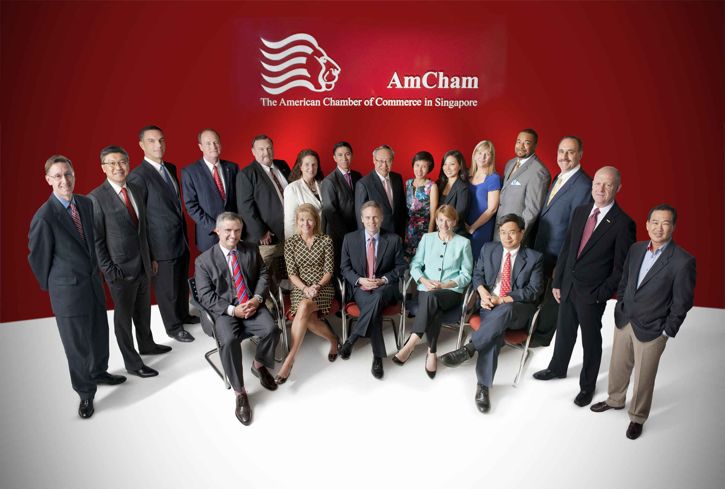 Group photo of business professionals from American Chamber of Commerce Singapore during a professional company photoshoot in an office setting Credit: White Room Studio