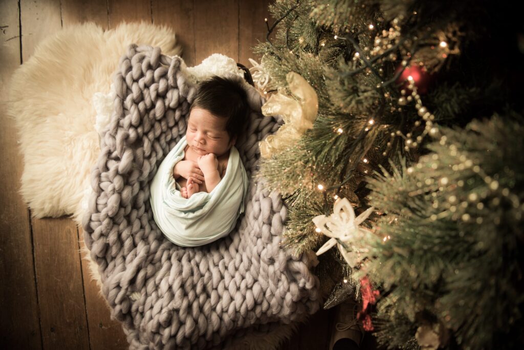 Newborn baby sleeping wrapped under Christmas tree during Christmas family photoshoot in Singapore Credit: White Room Studio