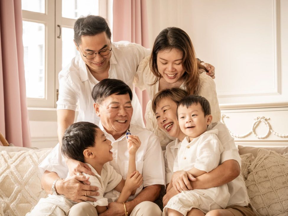 Grandparents and children in a photography studio photoshoot in Singapore, White Room Studio. Credit: White Room Studio Pte Ltd