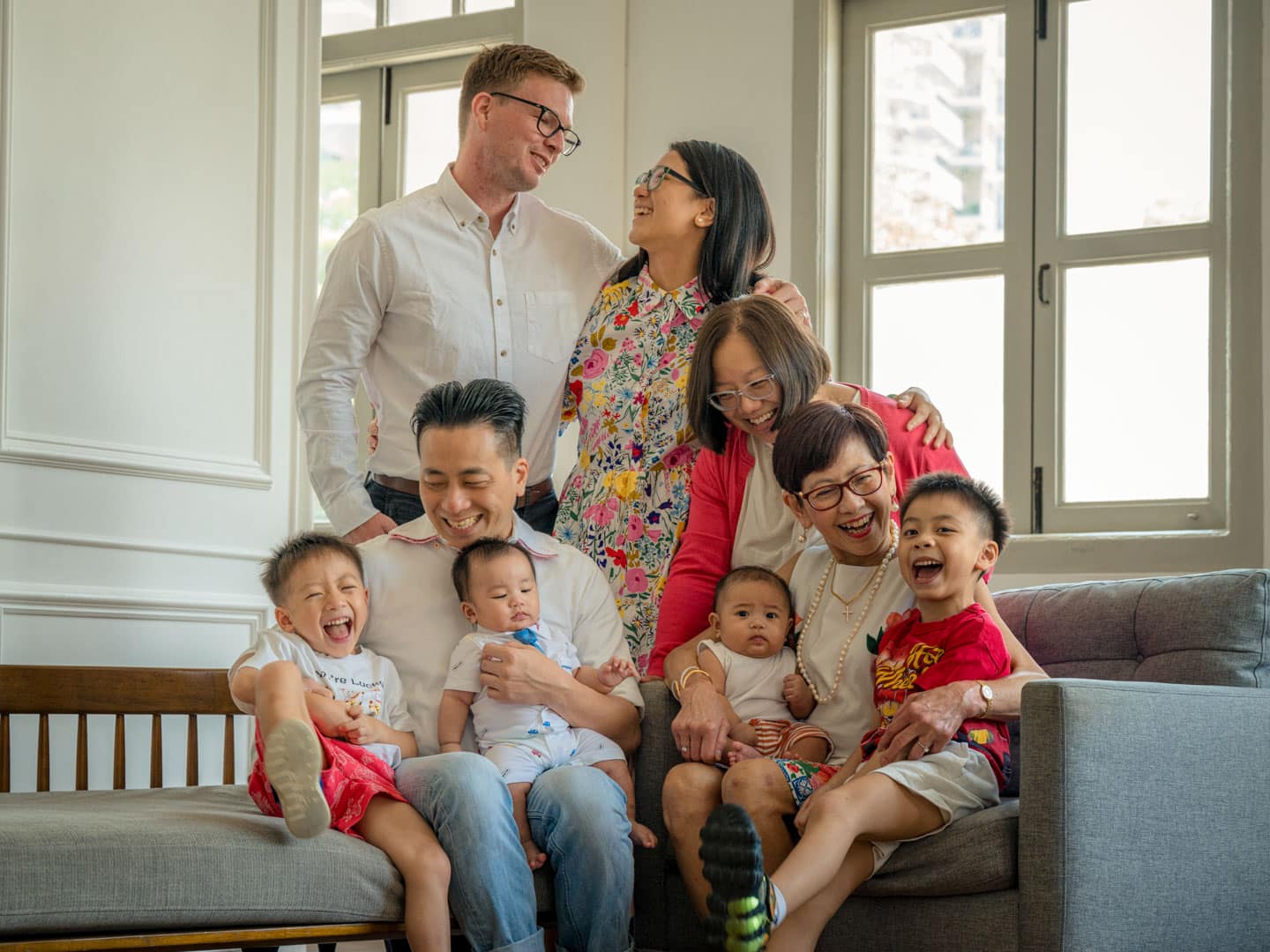 Professional Family & Multi Generation Photoshoot in Photography Studio, Singapore Grandparents and children in a photography studio photoshoot in Singapore, White Room Studio. Credit: White Room Studio Pte Ltd