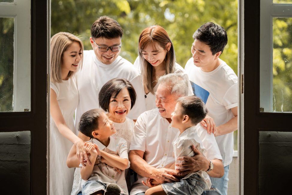 Grandparents and children in a photography studio photoshoot in Singapore, White Room Studio. Credit: White Room Studio Pte Ltd