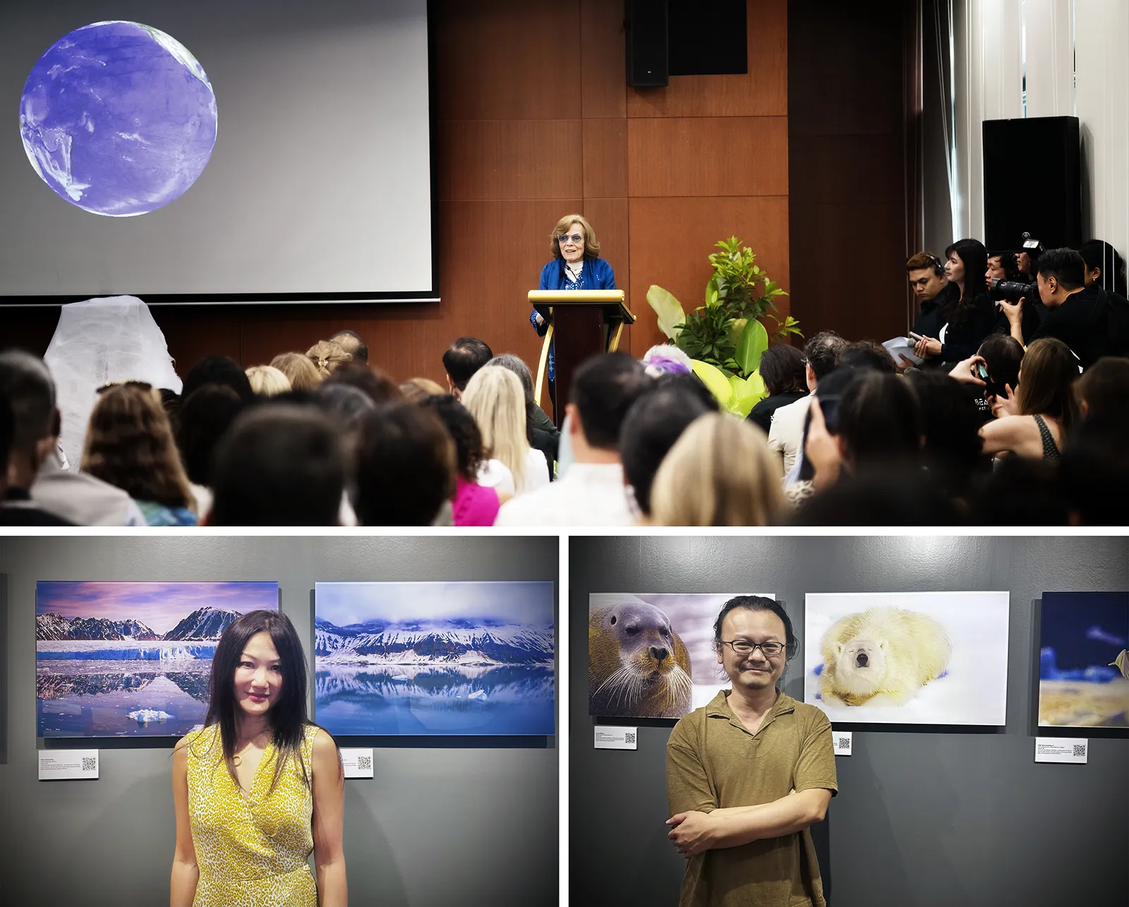 elaine lim and dan yeo from white room studio at cdl gallery remains of the arctic exhibition opening with sylvia earle on climate change singapore